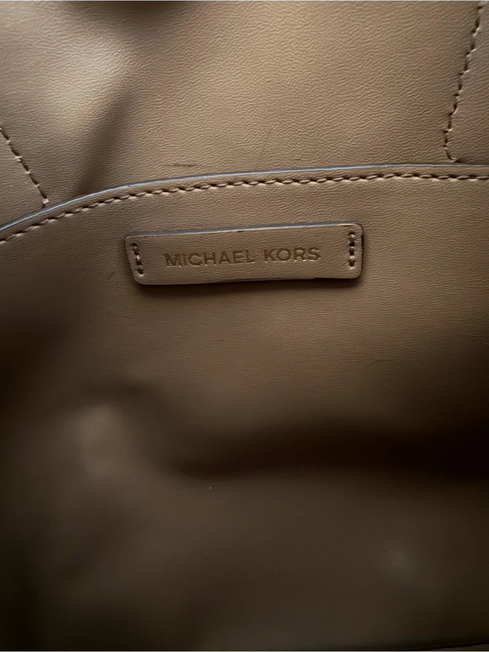 Michael Kors Beige Logo Satchel with Brown Trim and Gold Hardware